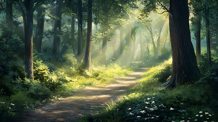 Fototapeta premium Sunbeams shine through the trees and foliage on a forest path.