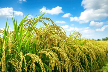 The rice fields are full, waiting to be harveste under blue sky. Farm, Agriculture concept, ai