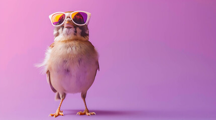Fototapeta premium A small bird wearing white sunglasses stands on a purple background.