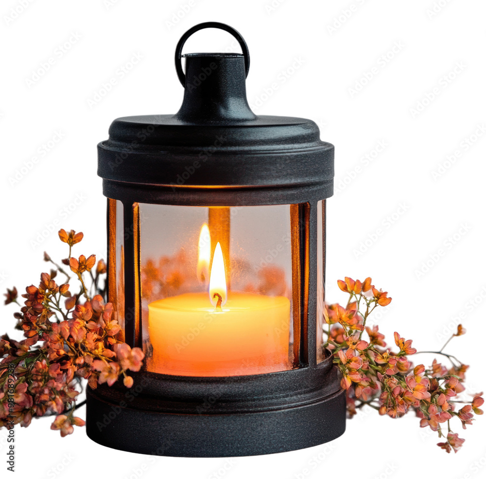 Poster a candle lantern with flowers on a rustic table isolated on transparent background