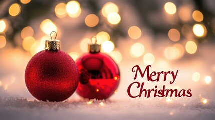 Two red balls with Merry Christmas text on bokeh background with lights. Xmas and New Year greeting card holiday theme