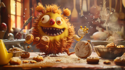 A fuzzy yellow monster with a wide smile is surrounded by cookies and powdered sugar in a kitchen setting.