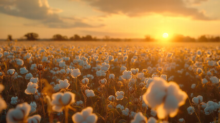 Obraz premium Cotton Field at Sunset with Beautiful Golden Light