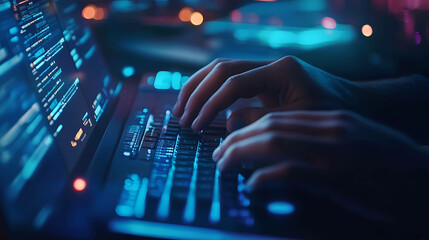 Close-up of hands typing on a laptop keyboard, code visible on the screen.