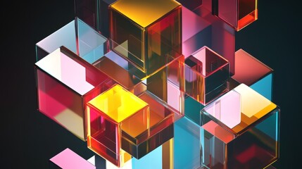 Stacked cubes and prisms. Geometric art shapes in glass morphist style generative ai
