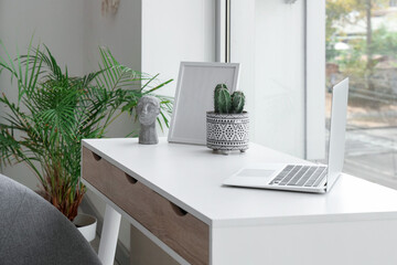 Workplace with laptop and houseplant in light living room