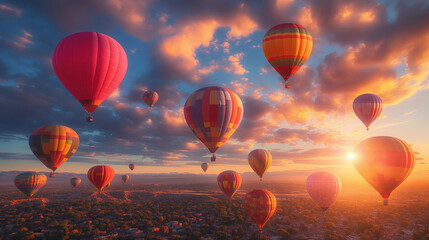 Fototapeta premium Hot Air Balloon Sunset: A breathtaking panorama of colorful hot air balloons gracefully gliding through the sky at sunset, casting a warm glow over the landscape. The vibrant colors and picturesque se