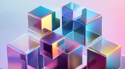 Stacked cubes and prisms. Geometric art shapes in glass morphist style generative ai