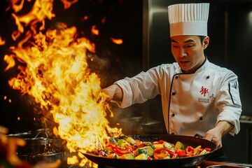 Chef Expertly Stir-fries Vibrant Vegetables in Flaming Wok, Culinary Skills and the Art of Cooking in Professional Kitchen Setting, Emphasizing Fresh Ingredients and Dynamic Cooking Techniques, AI
