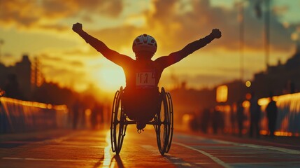 Panoramic image capturing the jubilant celebration of a Paralympic athlete crossing the finish line, their unwavering determination and triumph radiating through the frame
