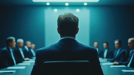 Horizontal composition highlighting the confident and composed demeanor of a person with a physical difference as they address a room of executives, their expertise and professionalism on full display