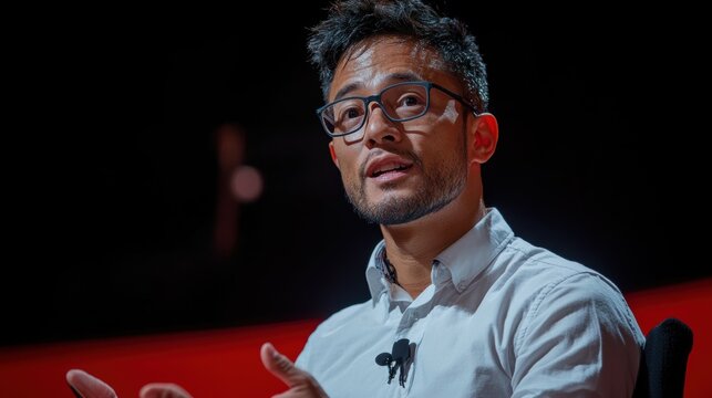 Widescreen portrait of a person with a hearing impairment passionately delivering a TED Talk, their captivating presence and valuable insights commanding the audience's attention