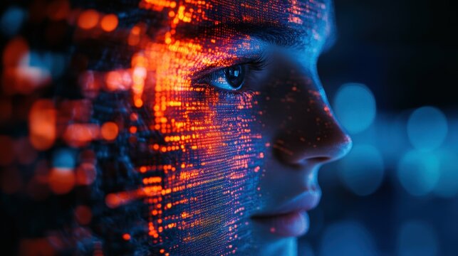 Widescreen visualization of a person's online identity being hijacked and manipulated by AI-powered impersonation