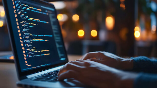 A programmer is working on a laptop in a dimly lit room with warm lighting.