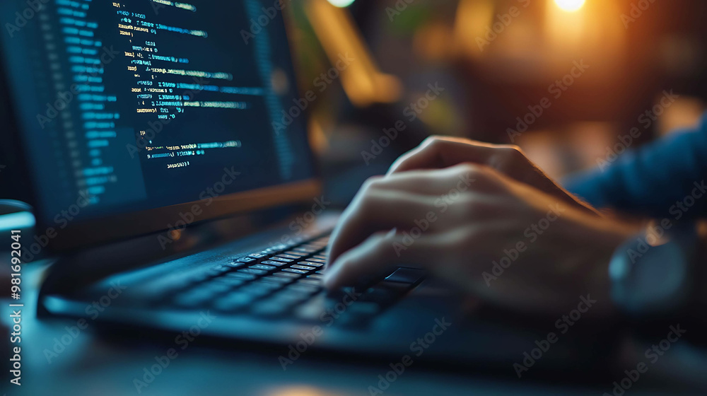 Wall mural close-up of hands typing on a laptop with code on the screen.