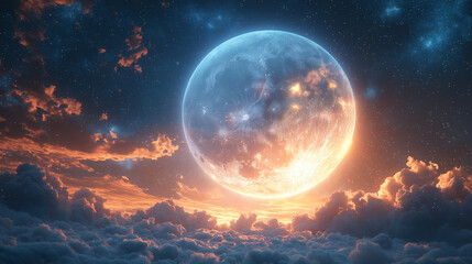 Celestial Dawn: A giant, vibrant planet illuminates a swirling cloudscape in a breathtaking display of cosmic beauty. 