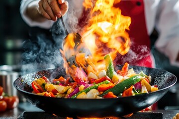 Chef Expertly Stir-fries Vibrant Vegetables in Flaming Wok, Culinary Skills and the Art of Cooking in Professional Kitchen Setting, Emphasizing Fresh Ingredients and Dynamic Cooking Techniques , ai