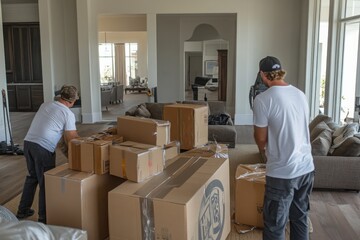 Movers Organizing Boxes in Spacious Home