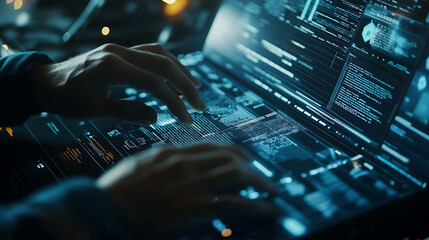Close-up of hands interacting with a futuristic computer screen.