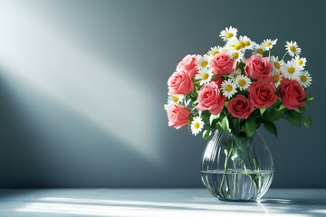 Naklejka premium Pink Roses and Daisies in a Glass Vase