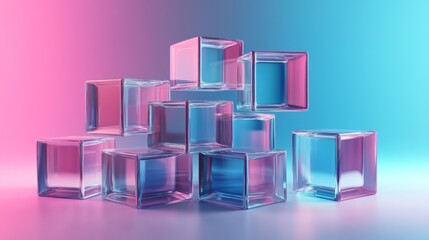 Stacked cubes and prisms. Geometric art shapes in glass morphist style generative ai