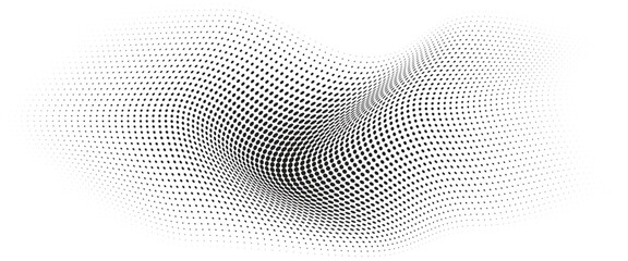 Flowing Wave Dot Halftone Pattern: Curve Gradient Shape on Transparent Background. Suitable for AI, Tech, Network, Digital, Science, and Technology Themes.