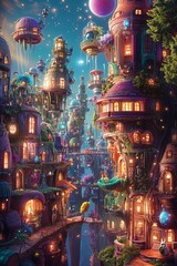 Fototapeta premium A wide-angle view of a vibrant fantasy world blending with everyday life, whimsical creatures interacting with urban elements, vivid colors, surreal lighting, photorealistic detail