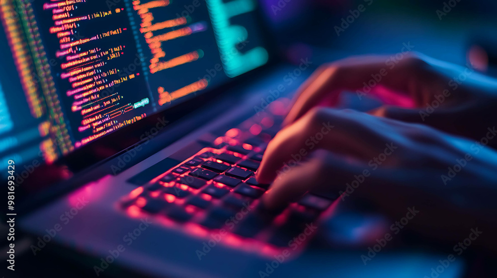 Wall mural close up of hands typing on a laptop with code on the screen.