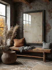 Rustic bench with pillows in a cozy room with a large empty frame.