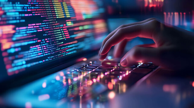Close-up of a programmer's hands typing on a keyboard with a laptop displaying code in the background.
