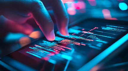 Close up of a hand scrolling through code on a tablet.