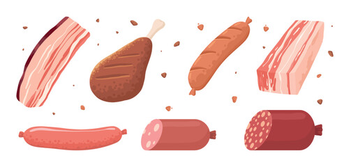 Cartoon meat products. Chicken, sausages and sausages. Steaks, pork bacon and ribs vector set. Steak chicken, sausage and bacon, product ingredient illustration on white background