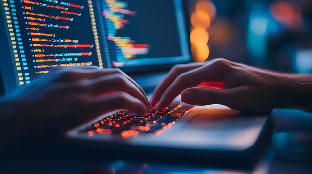 Close up of hands typing on laptop with computer monitor in background.