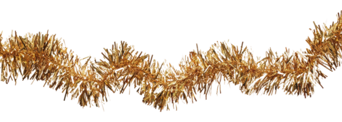 Gold tinsel garland for festive decor isolated on transparent background