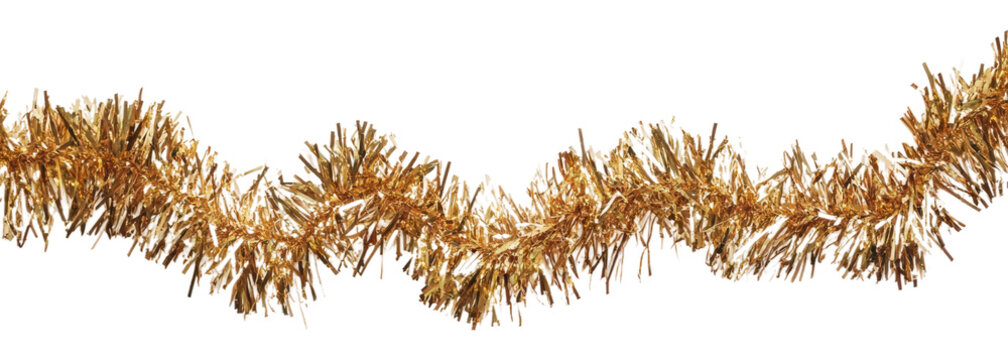 Gold tinsel garland for festive decor isolated on transparent background