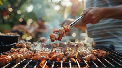 Grilled meat skewers on a barbecue. This is a delicious food image that can be used for recipes, food blogs, or advertising.