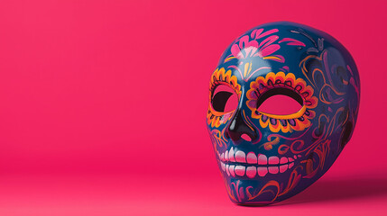 A beautifully decorated sugar skull mask sits against a bright pink background, symbolizing the Day of the Dead traditions and honoring loved ones who have passed away, copy space