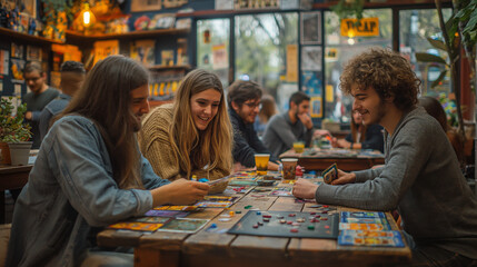 Game Night Laughter: Friends gather for a lively game night at a bustling pub, their smiles reflecting the joy of shared moments and friendly competition. 