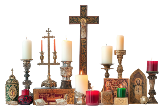Decorative altar with candles and icons for prayer isolated on transparent background