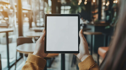 Woman holding tablet with blank screen in cafe.