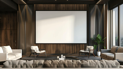 A minimalist living room with a large blank canvas above a wooden wall.