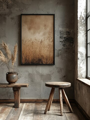 Rustic wooden stool and bench in a minimalist room with a framed nature print.
