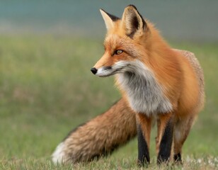 Isolated red fox with depth of field showcasing bushy tail and striking fur color