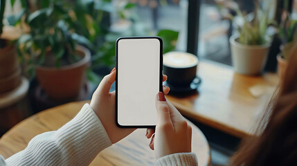 Woman holding a smartphone with blank screen in cafe.