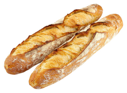 Freshly baked baguettes on a rustic wooden table isolated on transparent background