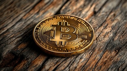 Golden Bitcoin Cryptocurrency Coin on Wooden Background