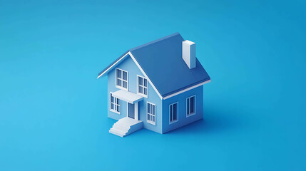 Simple blue 3D rendering of a house on a blue background.