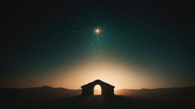 Nativity. Silhouette of a stable in the desert with starry sky and bright comet. - Powered by Adobe