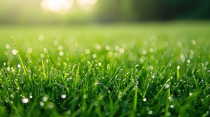 Fototapeta premium Dewdrops on Lush Green Grass Blades in the Morning Sun
