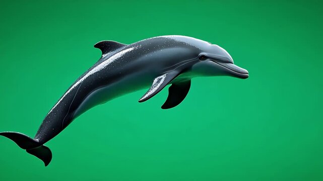 Beautiful, realistic 3d dolphin is jumping and emerging from the water, on a solid green screen background, perfect for chroma keying